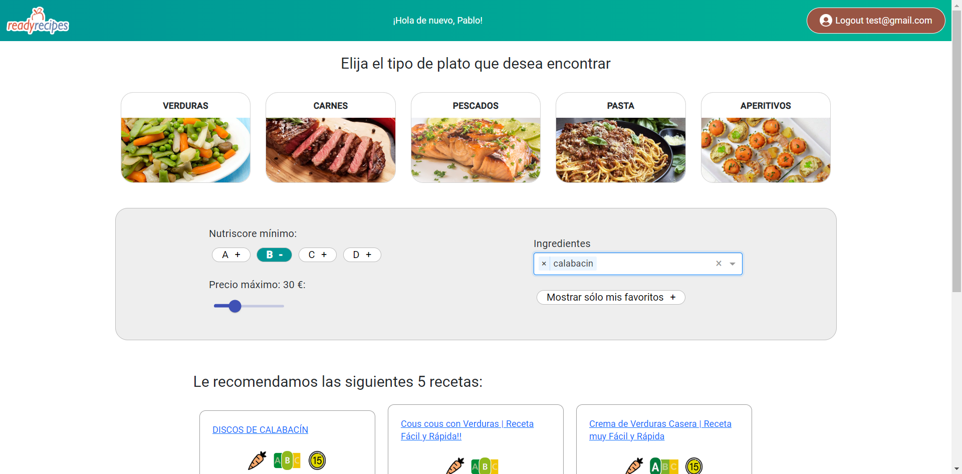 ReadyRecipes pantalla 1